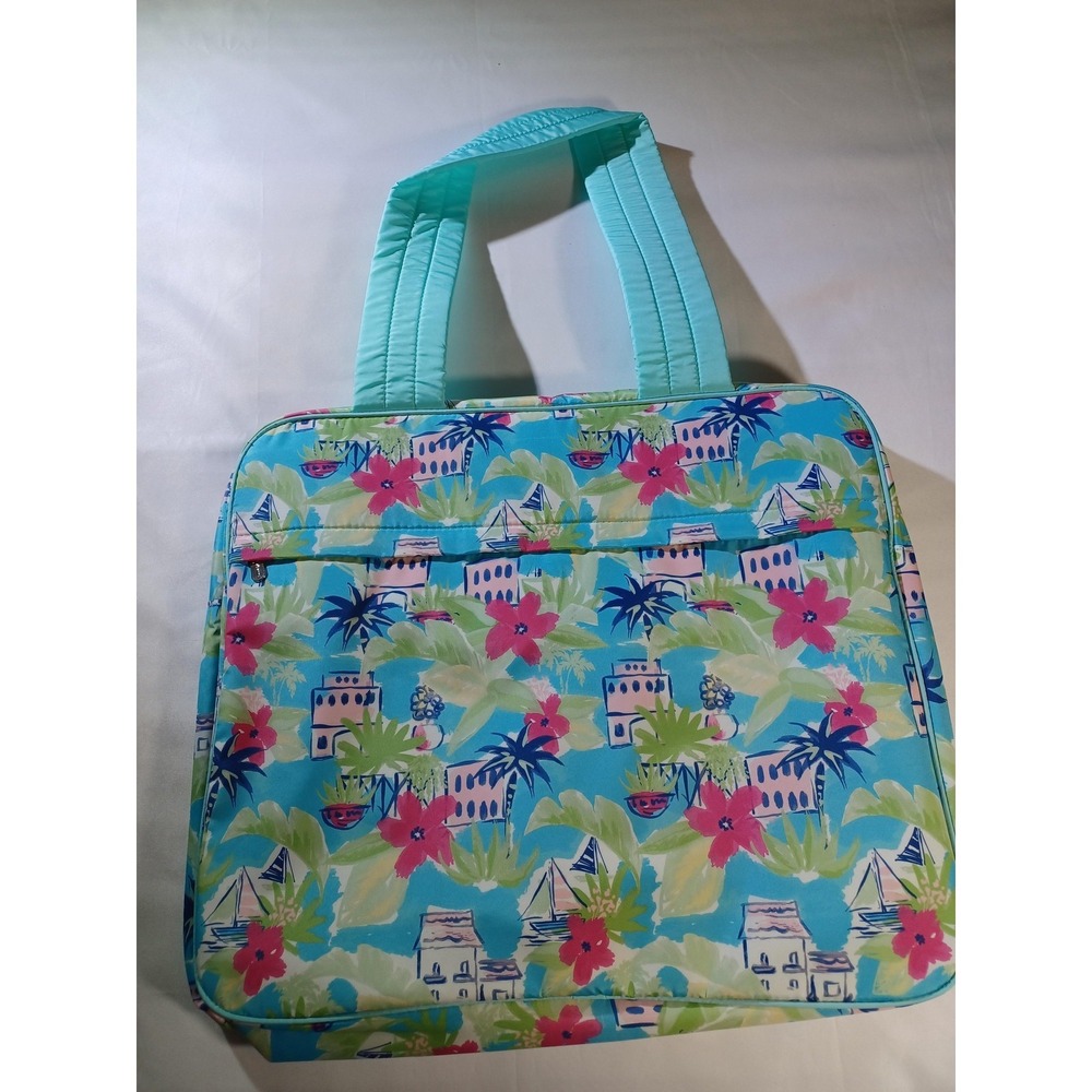 Thirty-One Tropical Floral Tote Bag Aqua Multicolor Travel Soft Case Women Purse